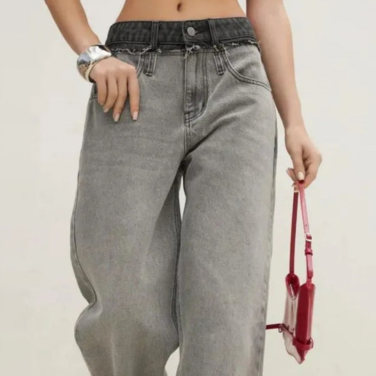 Damen lässige High-Waist Jeans mit weitem Bein und einzigartiger Waschung Fudus