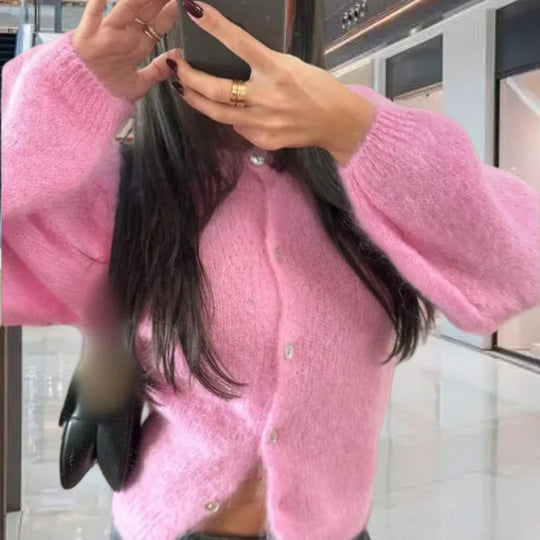 Damen kuschelige Strickjacke mit weitem Schnitt und eleganten Knopfdetails Fudus