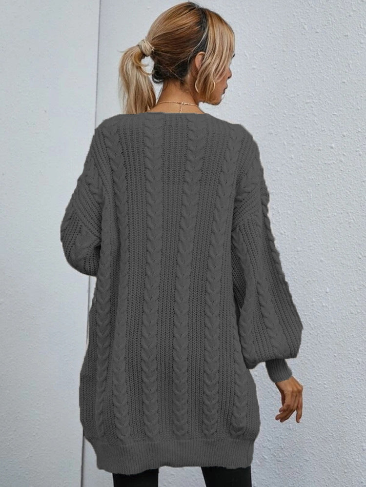 Damen Grobstrickcardigan mit tiefem V-Ausschnitt und voluminösen Ärmeln Fudus