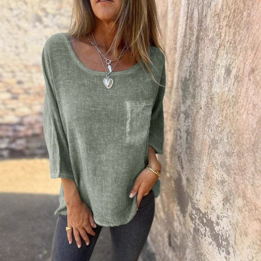 Damen lässige Leinenbluse mit aufgesetzter Tasche Fudus