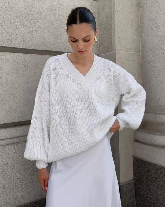 Damen Grobstrickpullover mit tiefem V-Ausschnitt und lässigen Ballonärmeln Fudus