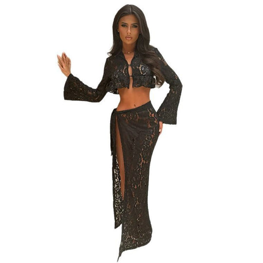 Damen Häkel-Set mit fließendem Design und Knopfdetails Fudus