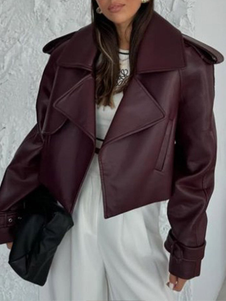 Damen Kunstlederjacke im modischen Biker-Stil mit breitem Revers Fudus