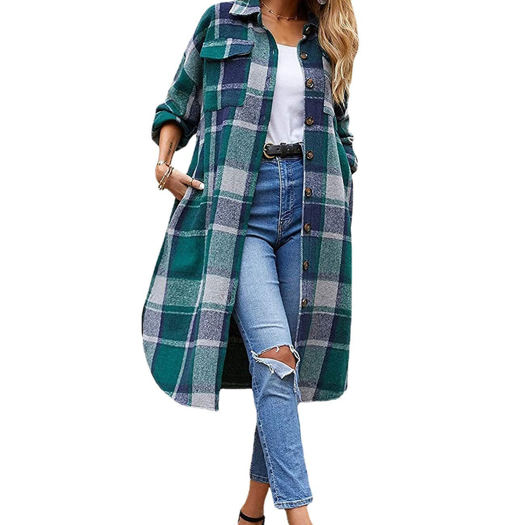 Damen Langer Karomantel mit praktischen Taschen und knöpfbarem Verschluss Fudus