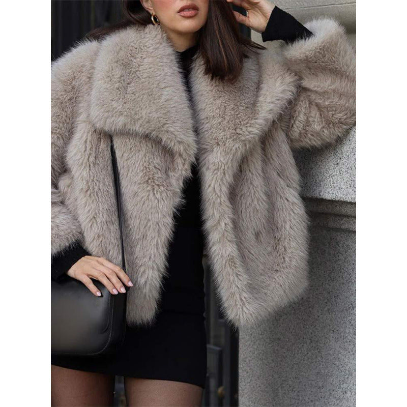 Damen Kuschelige Teddy-Jacke mit breitem Revers Fudus