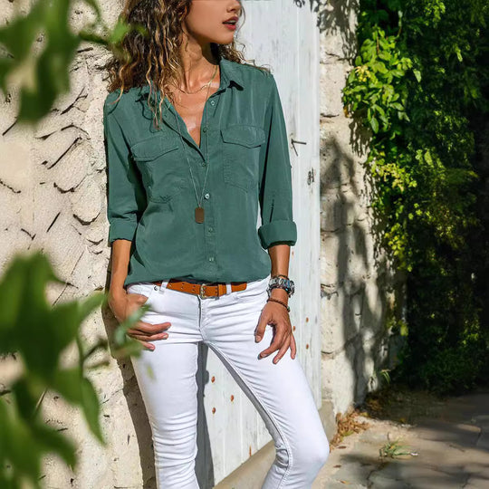 Damen lässige Bluse mit Knopfleiste und zwei Brusttaschen Fudus