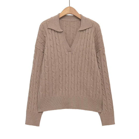 Damen Grobstrick Pullover mit V-Ausschnitt und Reverskragen Fudus