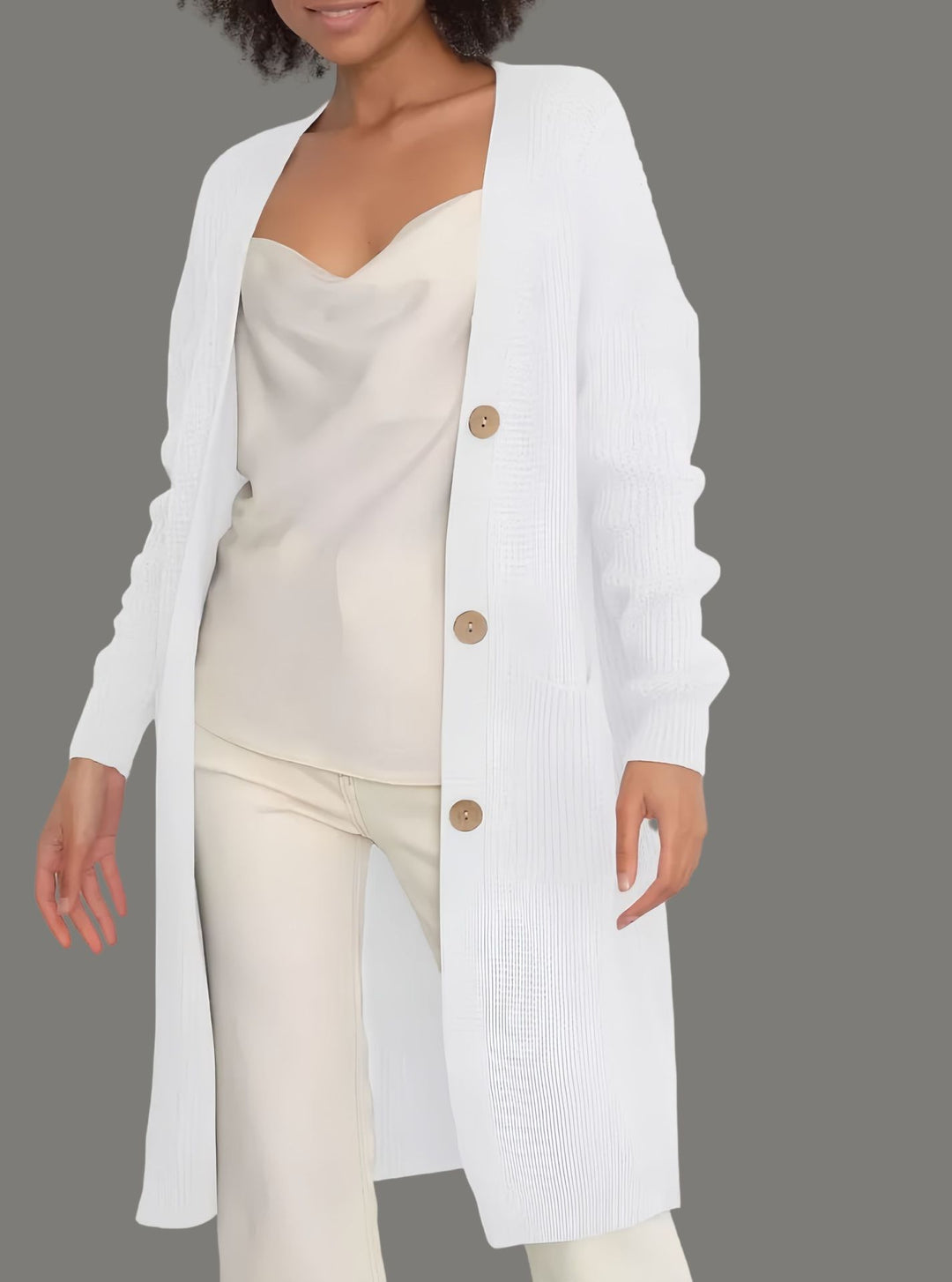 Damen langer Strickcardigan mit Knopfdetails und praktischen Taschen Fudus