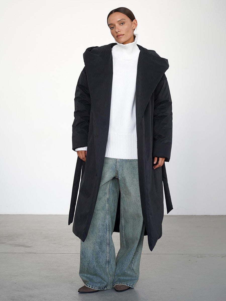 Damen Langmantel mit breitem Kragen und Taillengürtel Fudus