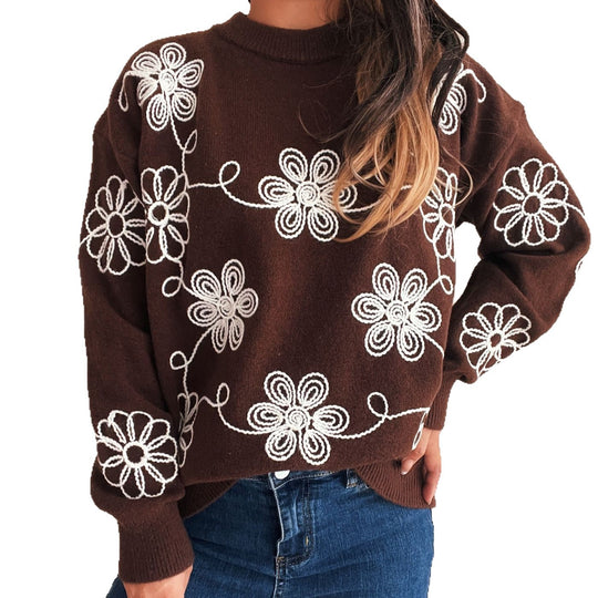 Damen kuscheliger Strickpullover mit floralen Applikationen und Rundhalsausschnitt Fudus
