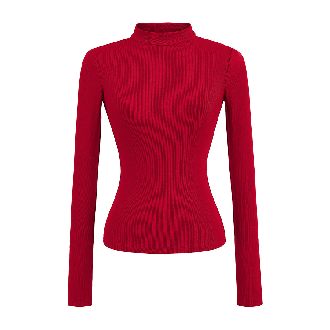 Damen langärmliges Rippoberteil mit hohem Kragen Fudus