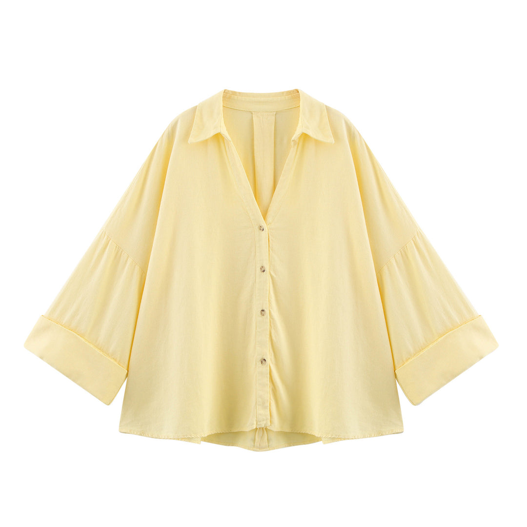 Damen lässige Bluse mit voluminösen Ärmeln und durchgehender Knopfleiste Fudus