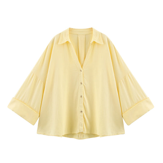 Damen lässige Bluse mit voluminösen Ärmeln und durchgehender Knopfleiste Fudus