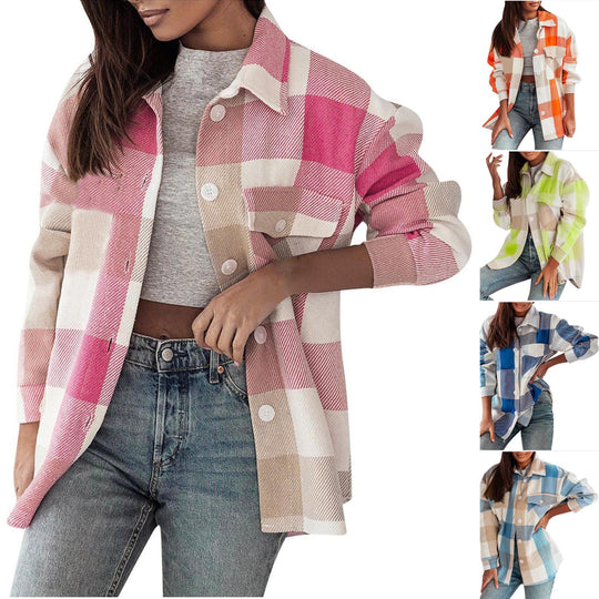 Damen Karierte Überhemdjacke mit Brusttaschen Fudus