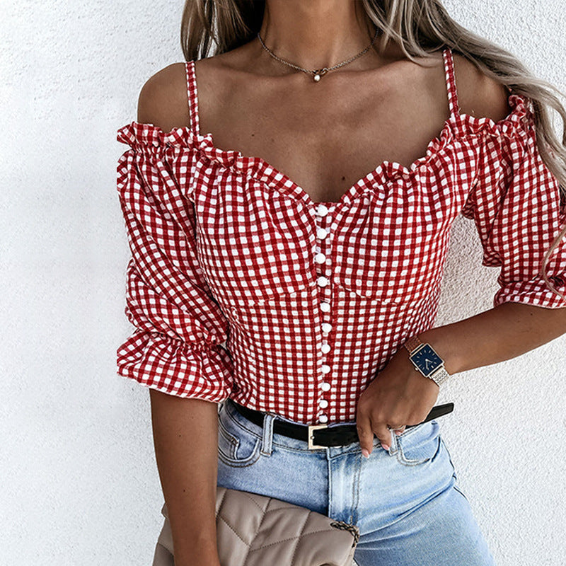 Fudus | Damen Off Shoulder Bluse Mit Rüschendetails Und Karomuster