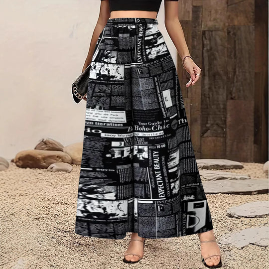 Damen Langer Plissierter Rock mit modischem Zeitungsdruck Fudus