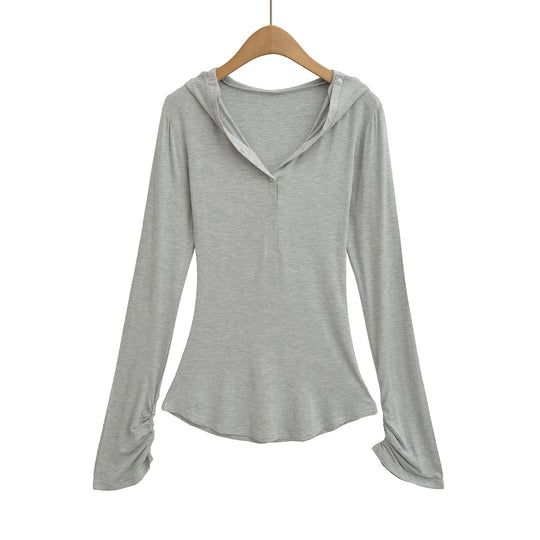 Damen langärmliges Kapuzenshirt mit modischen Knopfdetails Fudus