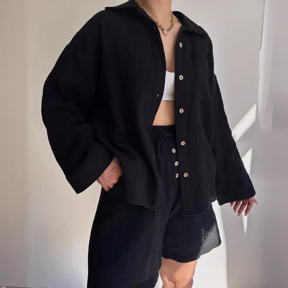 Damen lässige Overshirtjacke aus leichtem Material mit Holzknöpfen Fudus