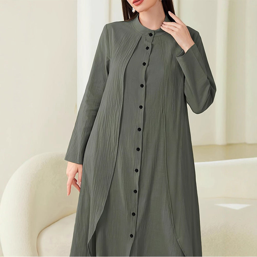 Damen Langarm-Blusenkleid mit asymmetrischem Schnitt und Knopfleiste Fudus