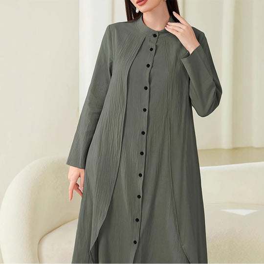 Damen Langarm-Blusenkleid mit asymmetrischem Schnitt und Knopfleiste Fudus