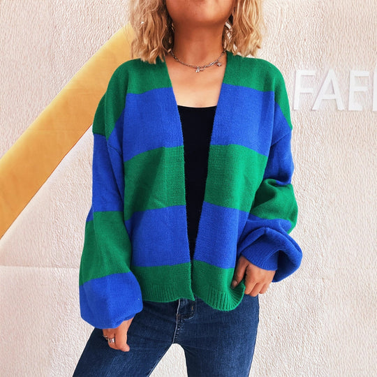 Damen lässige Strickjacke mit breitem Streifenmuster und extra weitem Schnitt Fudus