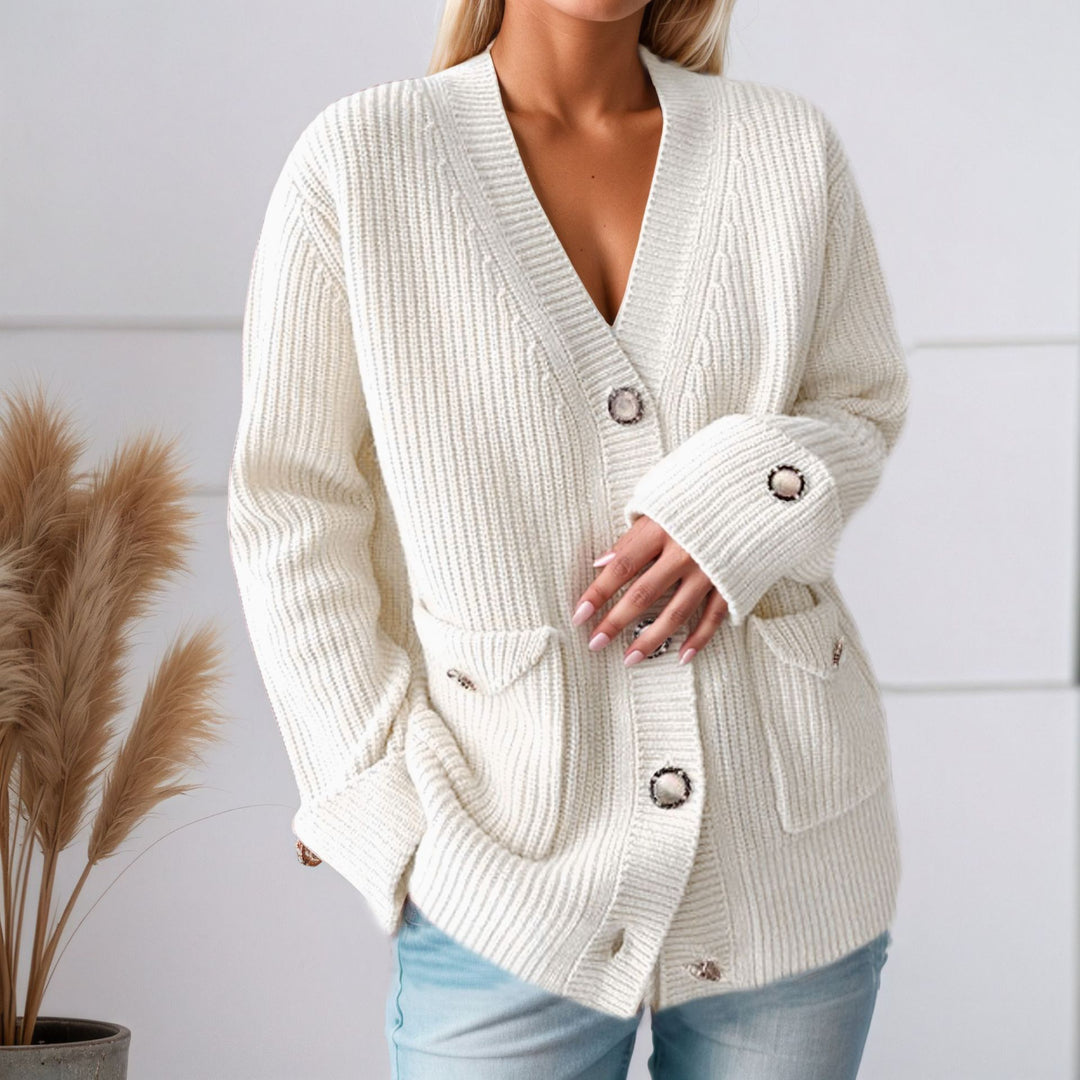 Damen Grobstrickcardigan mit praktischen Taschen und eleganten Knopfdetails Fudus