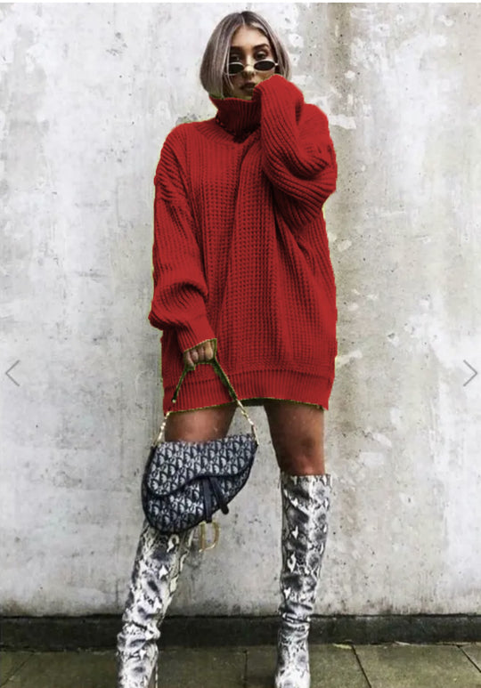 Damen Grobstrickpullover mit hohem Kragen und lockerem Schnitt Fudus