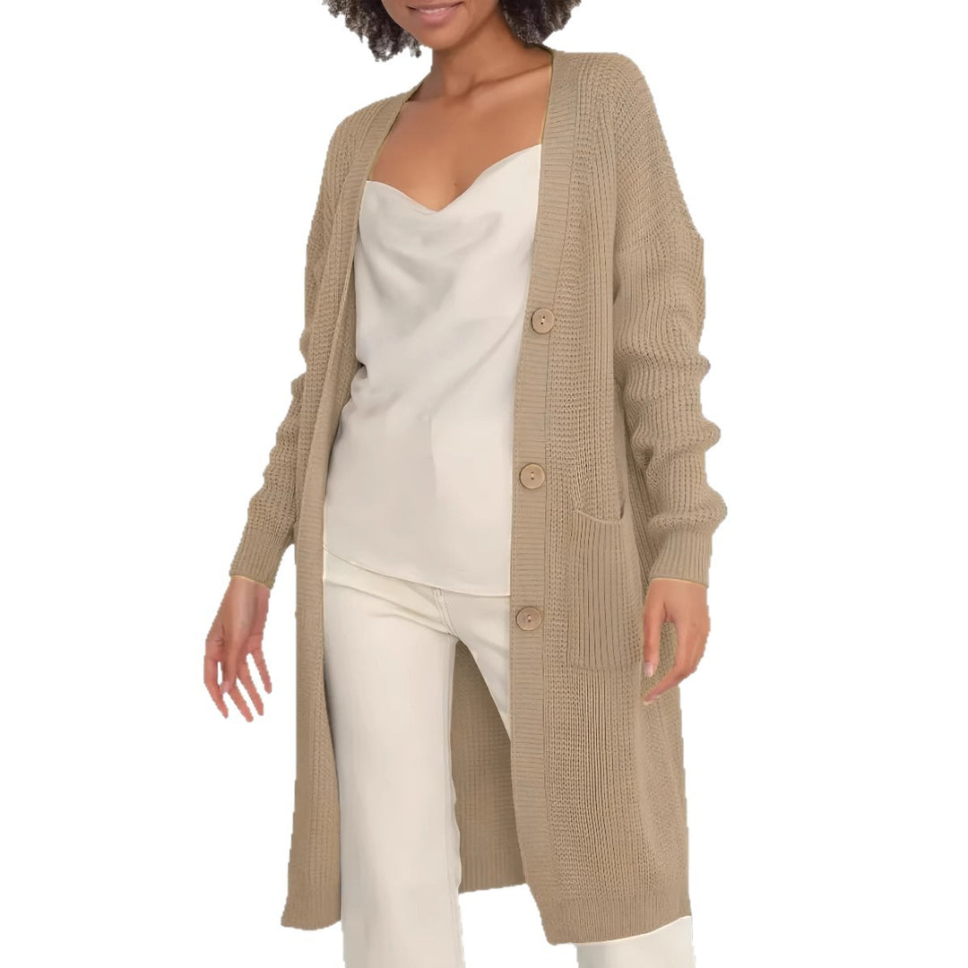 Damen langer Strickcardigan mit Knopfdetails und praktischen Taschen Fudus
