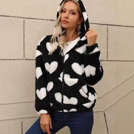 Damen Kuschelige Kapuzenjacke mit Herzmotiv Fudus