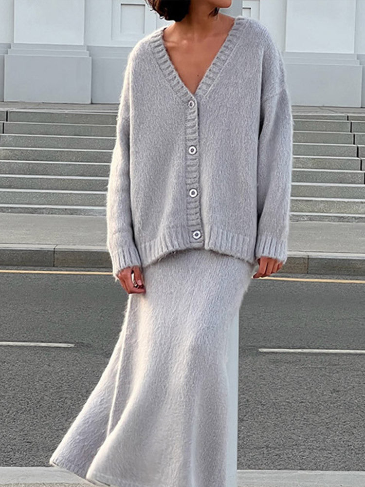 Damen kuschelige Strickjacke und Wadenlanger Rock Set Fudus