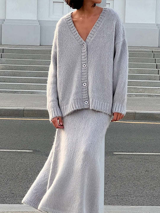 Damen kuschelige Strickjacke und Wadenlanger Rock Set Fudus