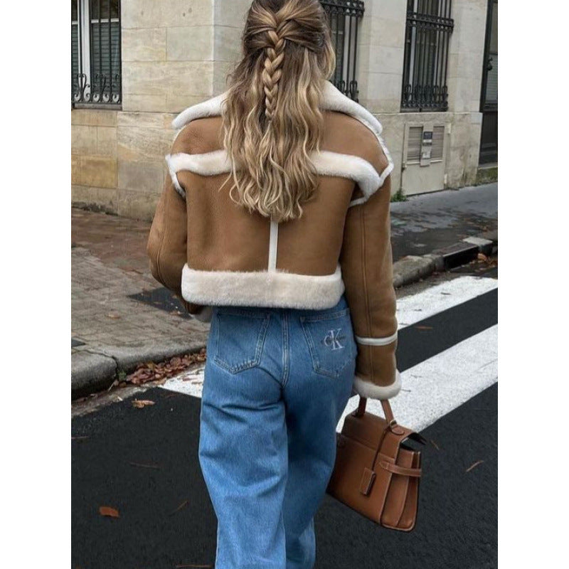 Damen kurze Lederjacke mit kunstpelzbesatz Fudus