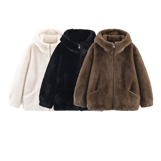 Damen Jacke Kunstpelz Weich Luxuriös Kapuze Praktische Taschen