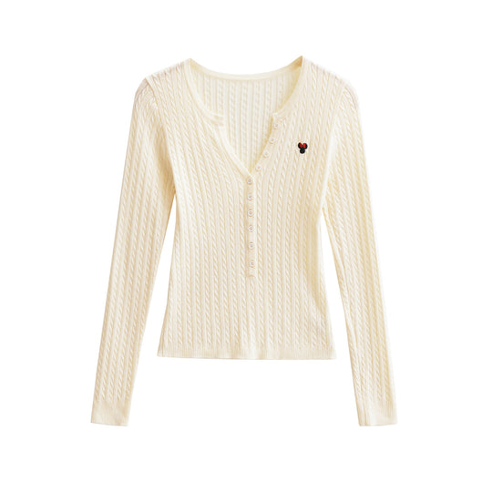 Damen Langarm Strickoberteil mit Knopfleiste und feinem Rippmuster Fudus