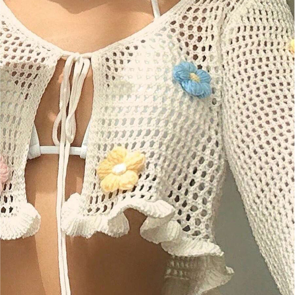 Damen Häkelbluse mit verspielten Blumenapplikationen und Bänder Fudus