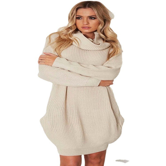 Damen Grobstrickpullover mit hohem Kragen und seitlichen Taschen Fudus