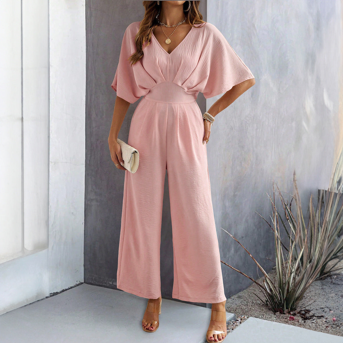 Damen Jumpsuit Weit Geschnitten V Ausschnitt Drapierungen Elegant