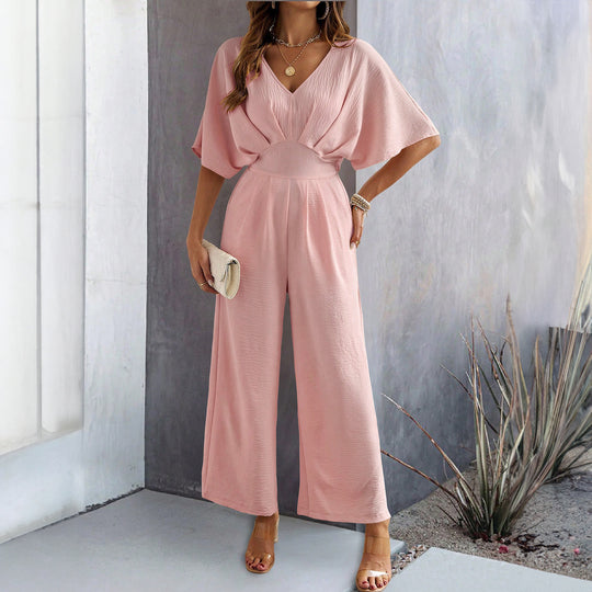 Damen Jumpsuit Weit Geschnitten V Ausschnitt Drapierungen Elegant