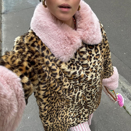 Damen kuschelige Leopardenmuster Jacke mit weitem Schnitt und hochwertigem Fleece Fudus
