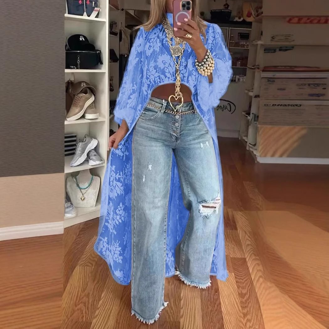 Damen Langer Kaftan mit Spitze und weit geschnittenen Ärmeln Fudus