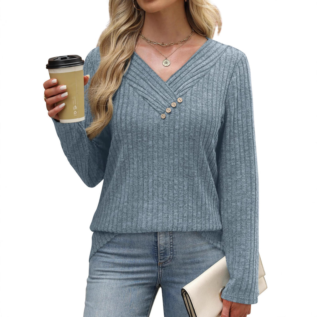 Damen Langärmliges V-Ausschnitt Oberteil Fudus