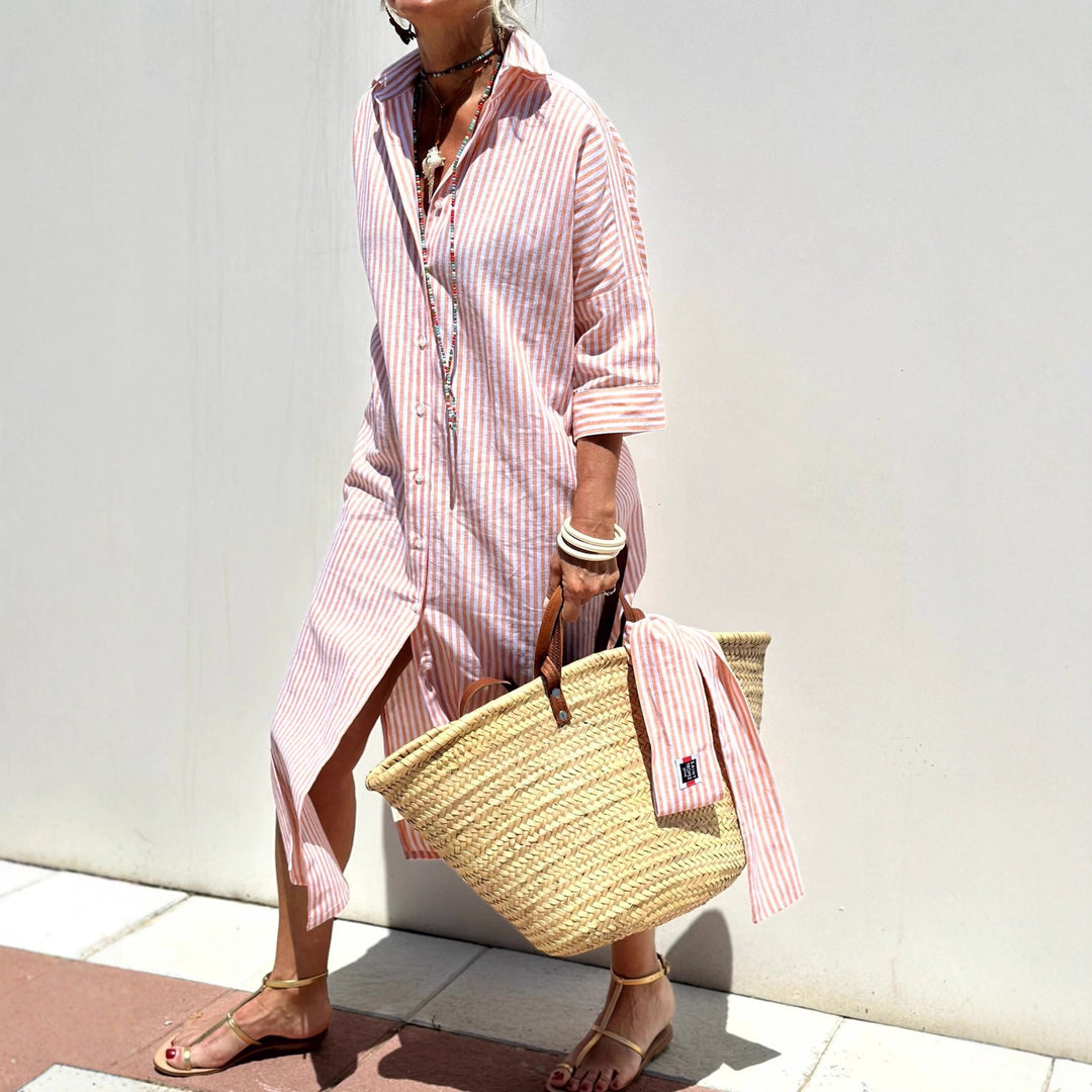 Damen Langarm-Hemdblusenkleid mit seitlichem Schlitz und Kordelzug Fudus