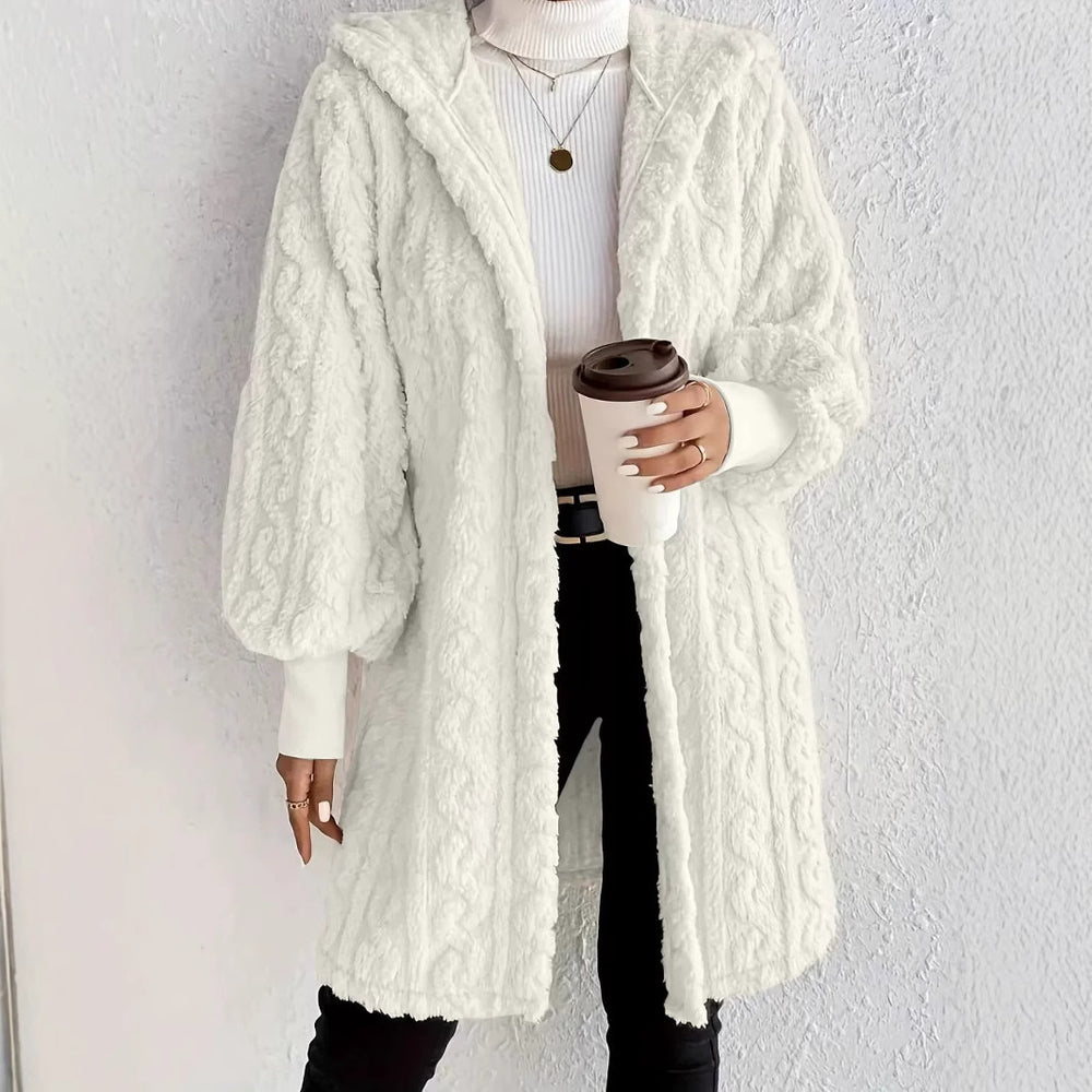 Damen kuscheliger Strickmantel mit Kapuze und gerafften Ärmeln Fudus