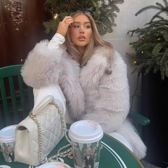 Damen kuschelige Kunstfelljacke mit elegantem Revers Fudus