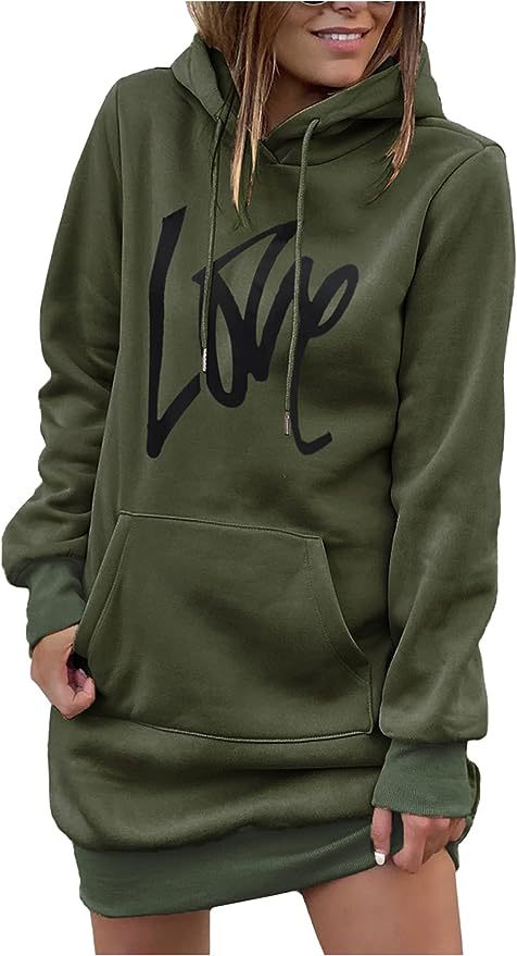 Damen Hoodie-Kleid mit Kängurutasche und auffälligem Schriftzug Fudus