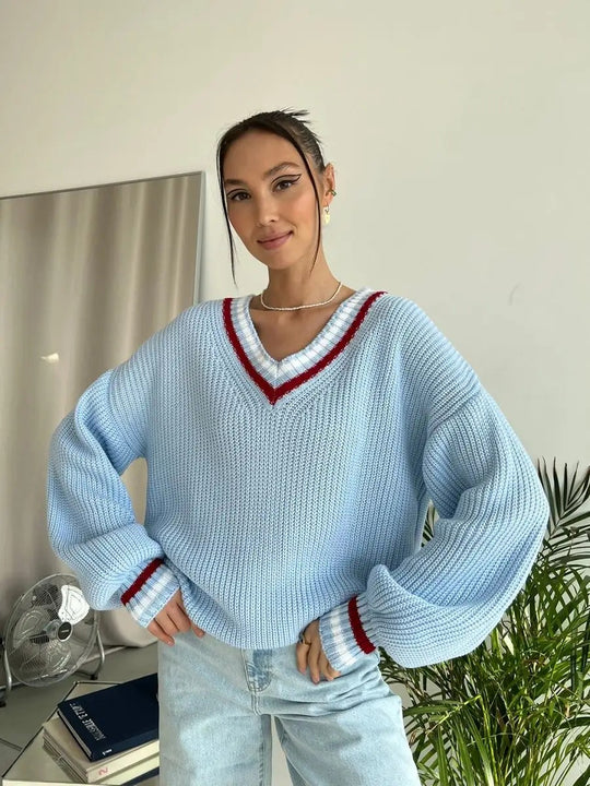 Damen Grobstrickpullover mit dekorativem V-Ausschnitt Fudus