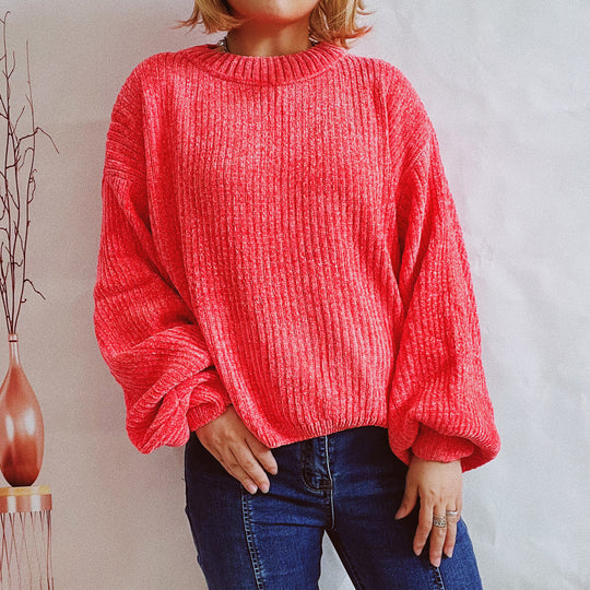 Damen Grobstrickpullover mit romantischem Rippenmuster und weiten Ärmeln Fudus
