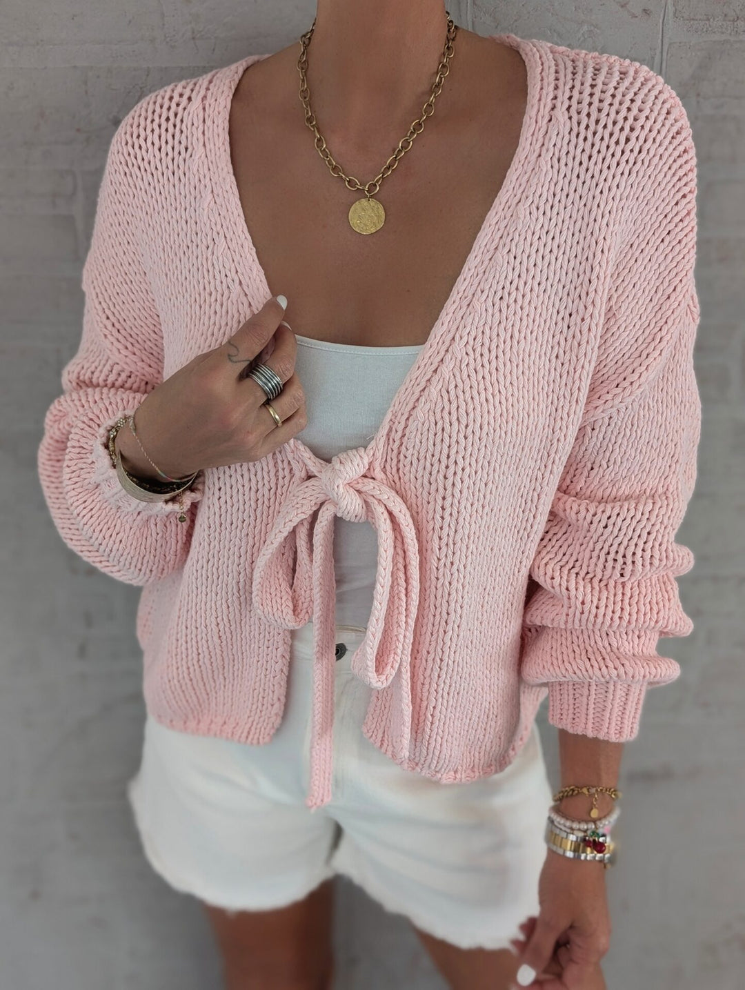 Damen lässige Strickjacke mit Bindeverschluss und weiten Ärmeln Fudus