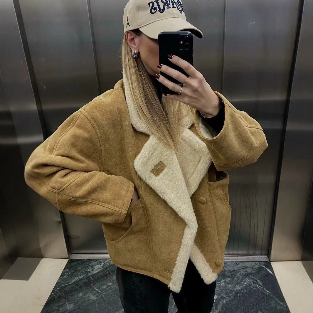 Damen kuschelige Lammfelljacke mit großem Kragen Fudus