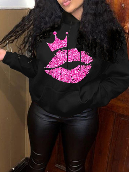 Damen Kapuzensweatshirt mit auffälligem Lippenmotiv und Krone Fudus